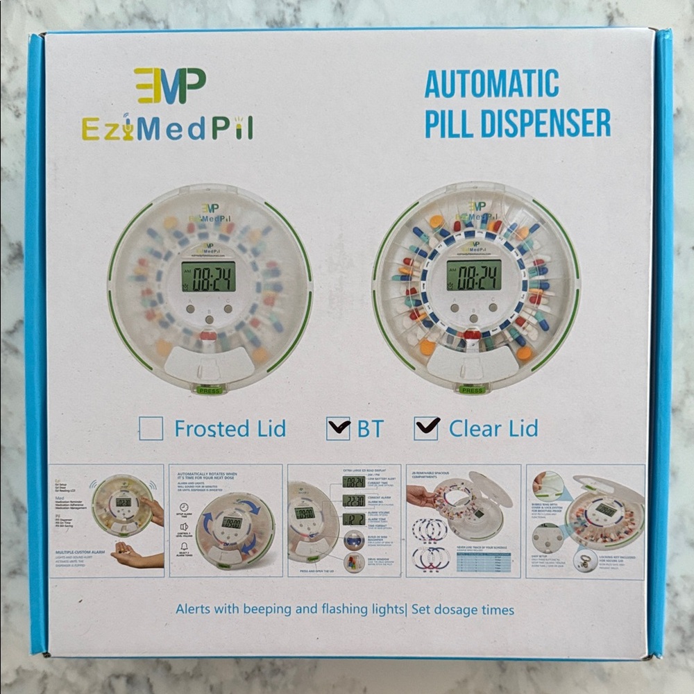 EziMedPil Automatic Pill Dispenser with Frosted and Clear Lids. NEVER USED